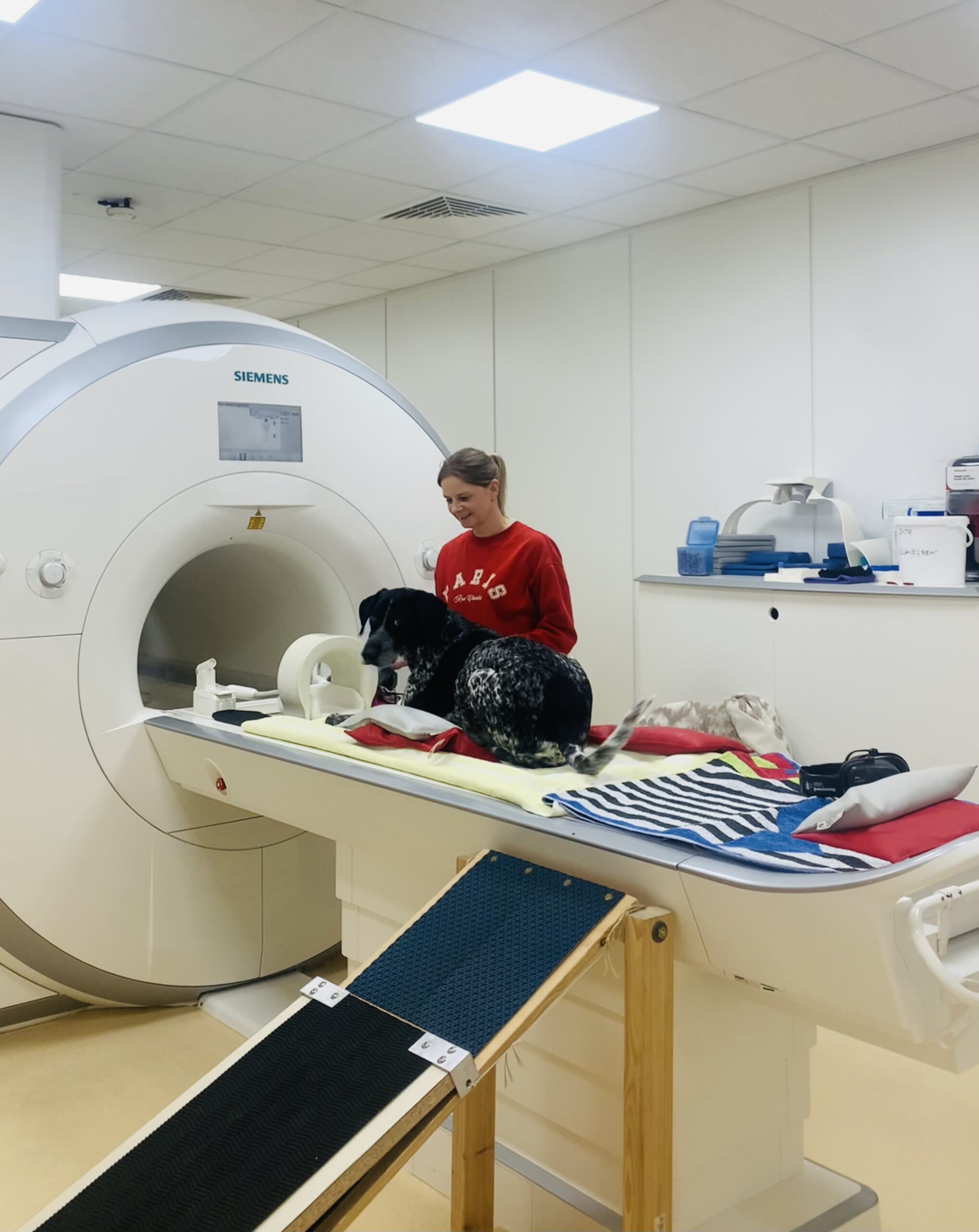 Marion-Umek-MRT-Training-Hunde-Scanner-Kooperationstraining-Medical-Training MRT Kooperations-/Medical Training: Hund sitzt vor dem MRT Gerät, Marion steht daneben und begleitet das Tier.